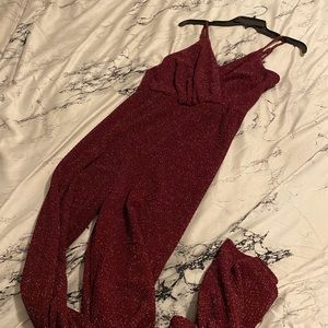 Burgundy glitter spaghetti strap jumpsuit
